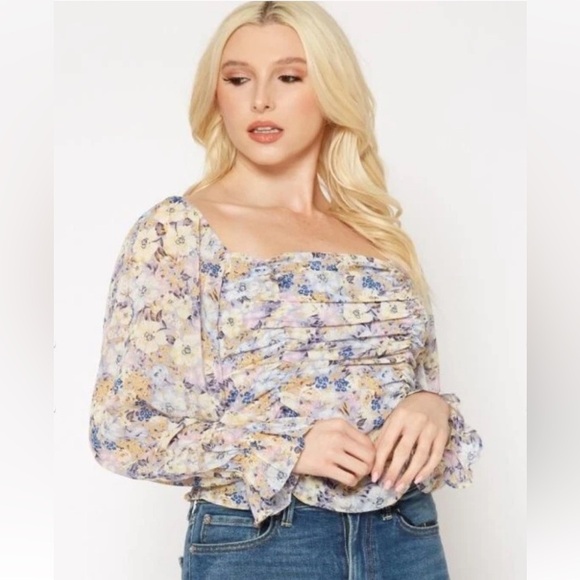 Pleione Tops - Anthropologie Pleione Floral Ruched Purple Square Neck Blouse Medium